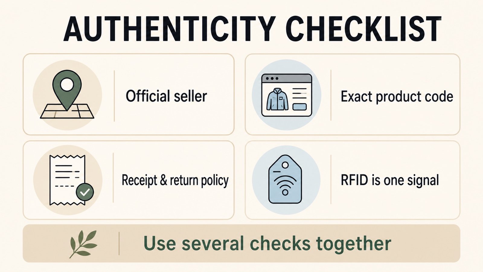 Authenticity checklist covering official sellers, exact product codes, receipts, return policies, and RFID as one signal