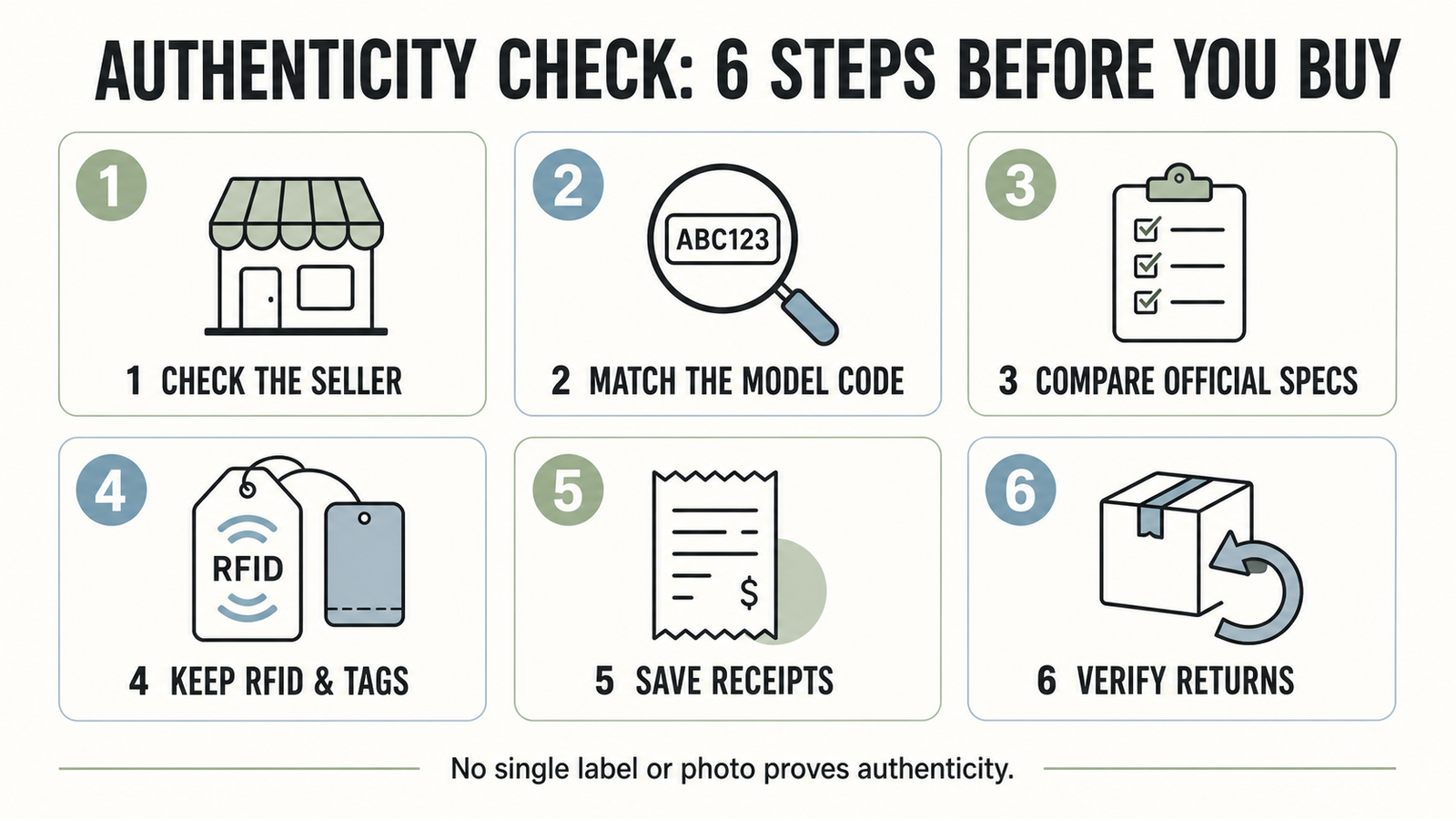 Six-step authenticity checklist: check the seller, match the model code, compare official specifications, keep RFID and tags, save receipts, and verify returns