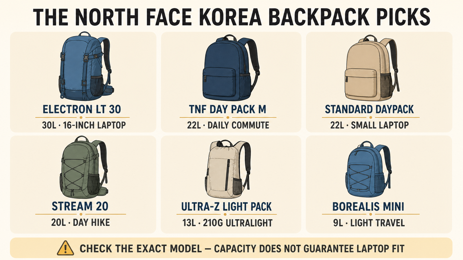 Comparison of six The North Face Korea backpacks by capacity and use: laptop, commuting, school, hiking, ultralight, and travel