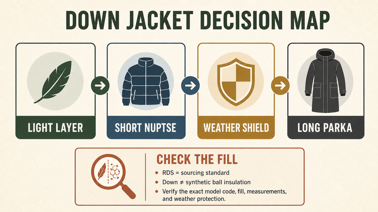 Decision map for choosing The North Face Korea down jackets by fill, length, weather protection, and intended use