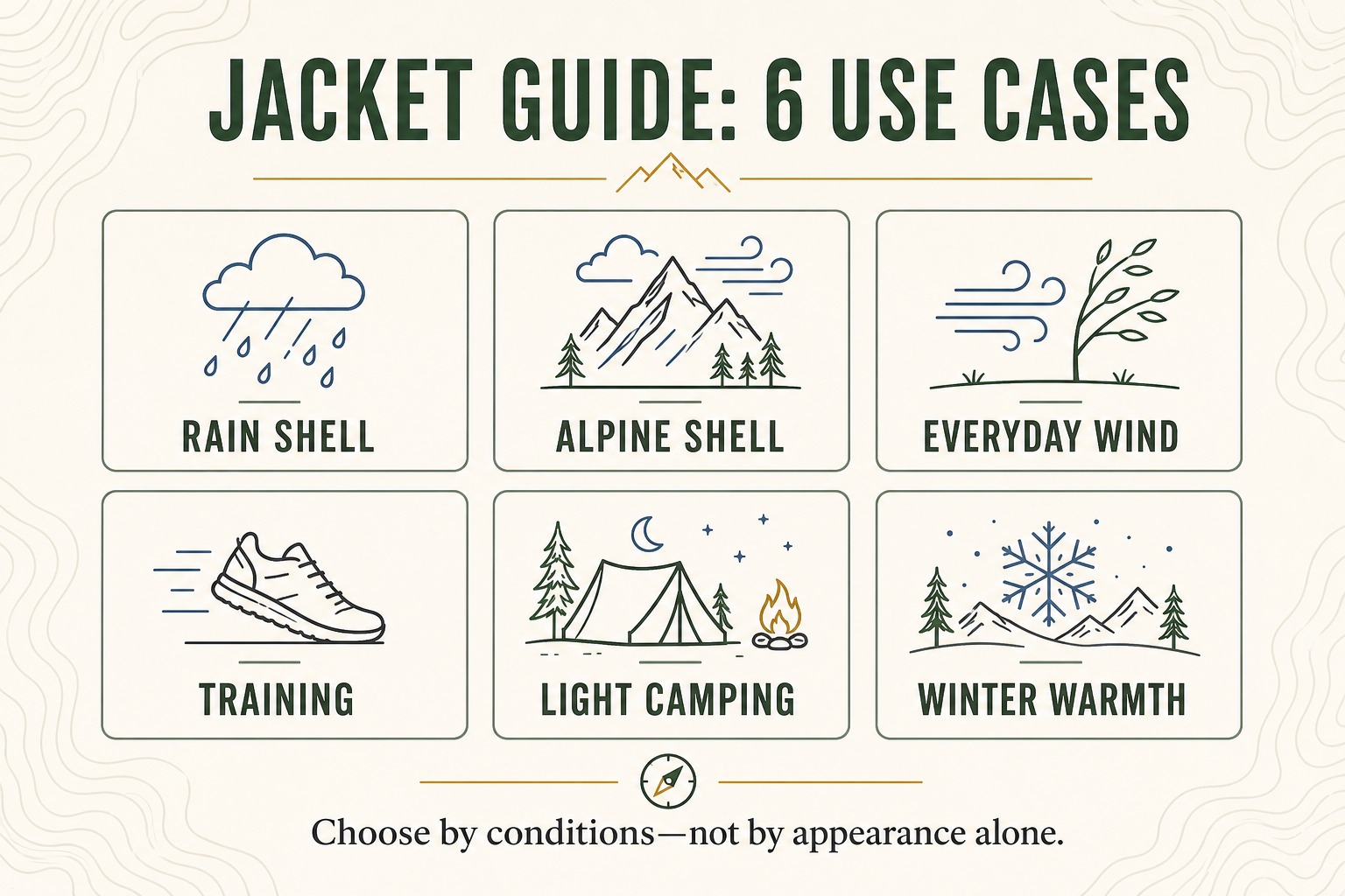Six-use jacket guide for rain shells, alpine shells, everyday wind, training, light camping, and winter warmth