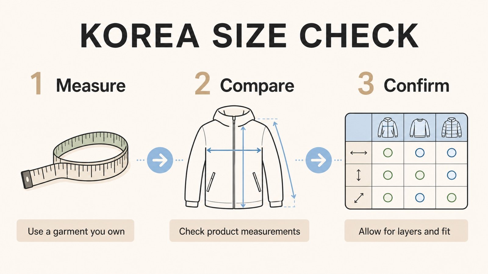 Three-step Korean clothing size check: measure, compare product measurements, and confirm room for layers