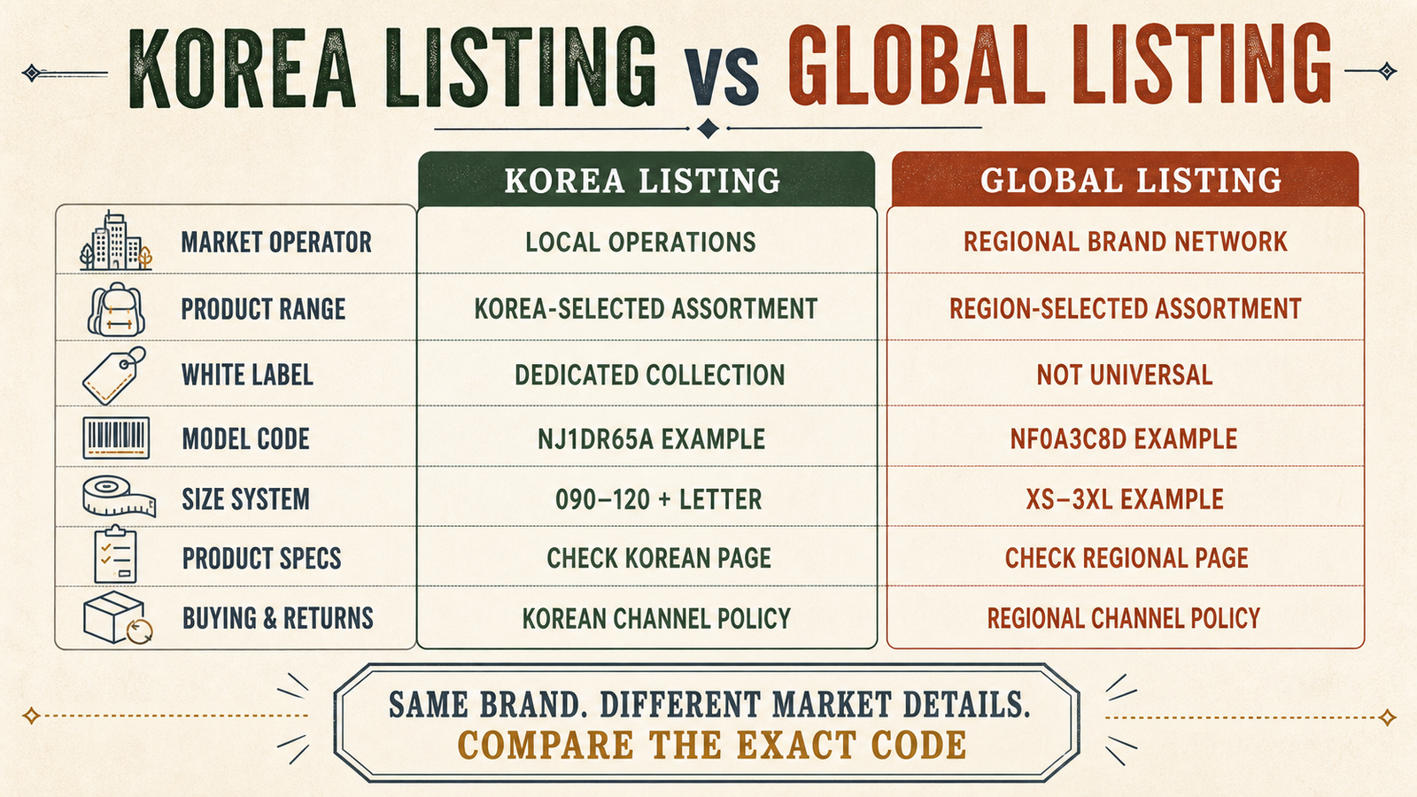 Comparison of The North Face Korea and global listings across operator, assortment, White Label, model code, sizing, specifications, and buying policies