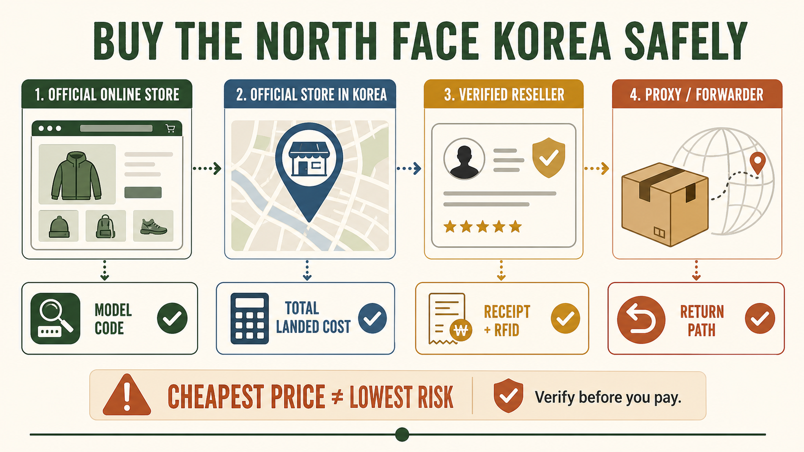 Four safer ways to buy The North Face Korea online: official online store, official store in Korea, verified reseller, and proxy or forwarder