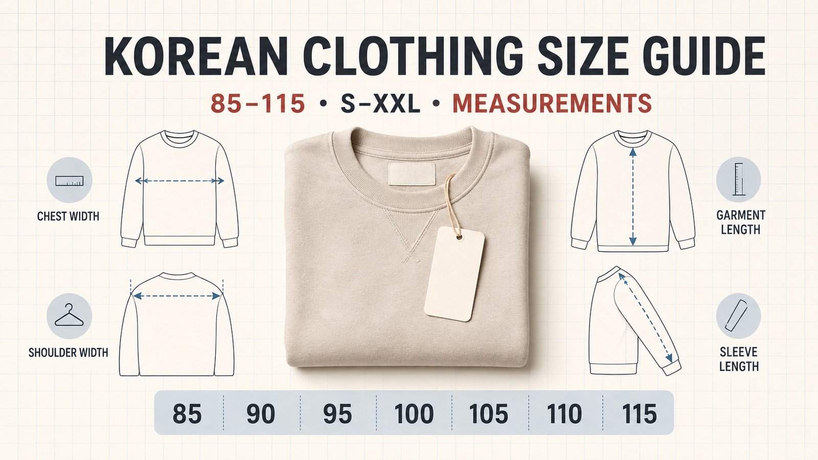 Korean clothing size guide covering sizes 85 to 115, S to XXL and garment measurements
